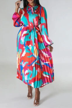 Graphic Print Feminine Belted Pleated Midi Dress 19 Graphic Print Feminine Belted Pleated Midi Dress -Clothing Outlet Store H23060940 RE 3