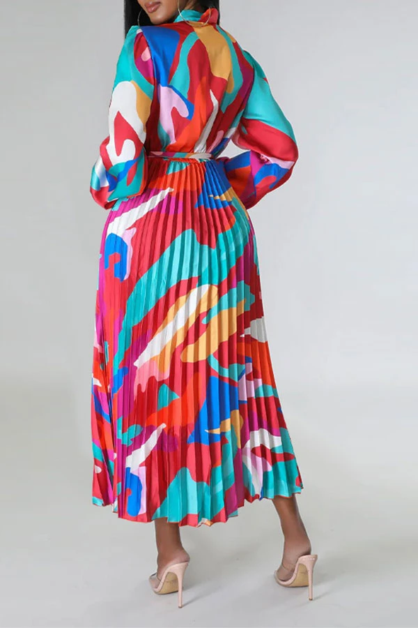 Graphic Print Feminine Belted Pleated Midi Dress 8 Graphic Print Feminine Belted Pleated Midi Dress - Image 8