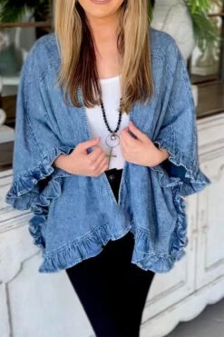 Solid Color Elegant Ruffle Denim Coat -Clothing Outlet Store H23060953 BL 3