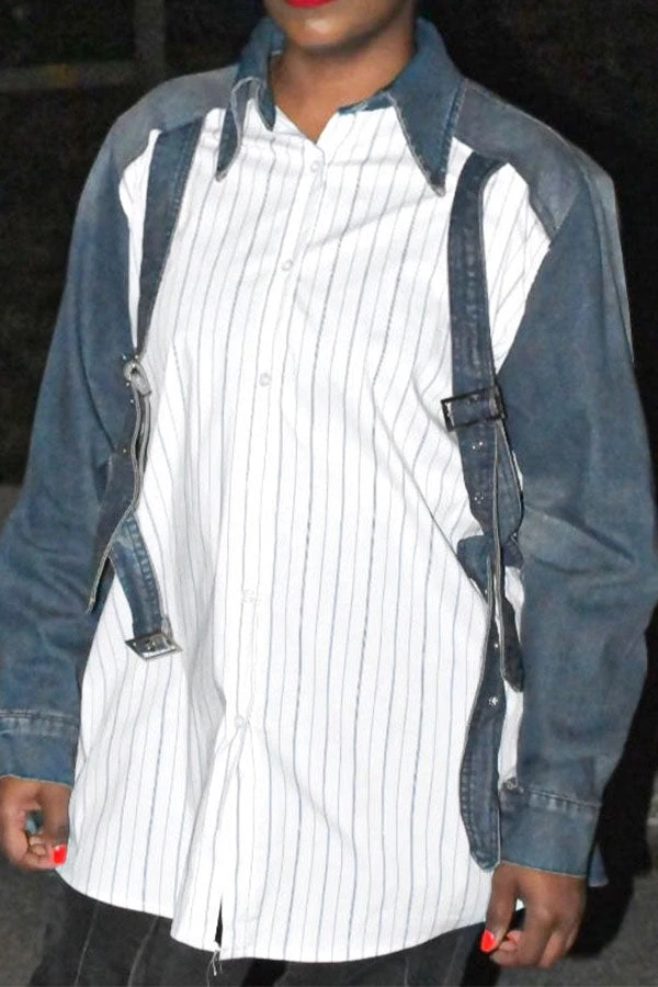 Striped Patchwork Chic Buckled Design Denim Blouse 1 Striped Patchwork Chic Buckled Design Denim Blouse