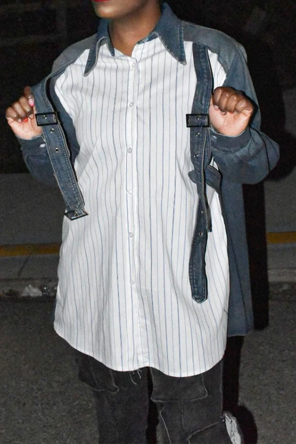Striped Patchwork Chic Buckled Design Denim Blouse 3 Striped Patchwork Chic Buckled Design Denim Blouse - Image 3