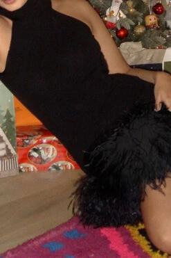 Solid Color Festive Backless Feather Hem Mini Dress 10 Solid Color Festive Backless Feather Hem Mini Dress -Clothing Outlet Store H23061501 BK 3