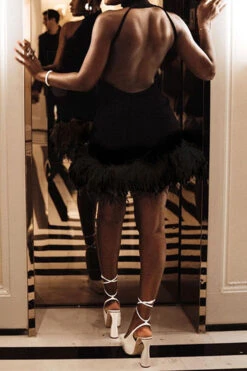 Solid Color Festive Backless Feather Hem Mini Dress 11 Solid Color Festive Backless Feather Hem Mini Dress -Clothing Outlet Store H23061501 BK 4