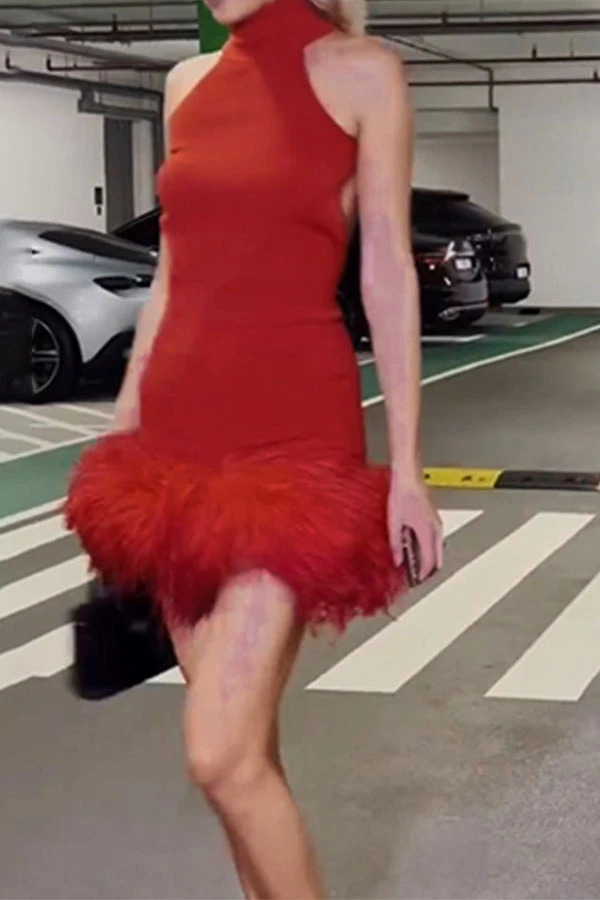 Solid Color Festive Backless Feather Hem Mini Dress 2 Solid Color Festive Backless Feather Hem Mini Dress - Image 2