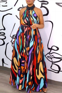 Colorful Graphic Print Unusual Belted Maxi Dress