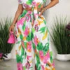 Floral Print Tropical Lace-Up Wide Leg Pant Suit