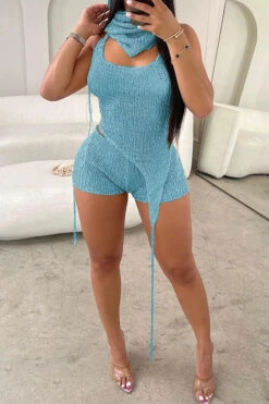 Sequined Trim Shimmery Irregular Knitted Pant Suit -Clothing Outlet Store H23061548 BL 1