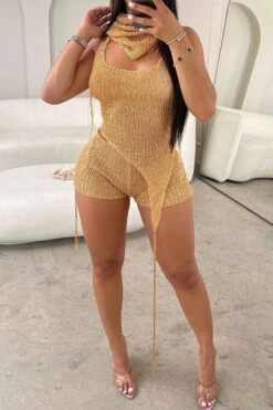 Sequined Trim Shimmery Irregular Knitted Pant Suit -Clothing Outlet Store H23061548 YE 1