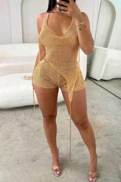 Sequined Trim Shimmery Irregular Knitted Pant Suit -Clothing Outlet Store H23061548 YE 2