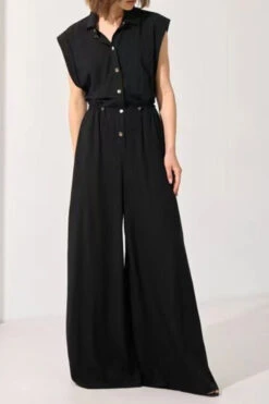 Solid Color Commuting Drawstring Wide Leg Jumpsuit -Clothing Outlet Store H23061559 BK 2