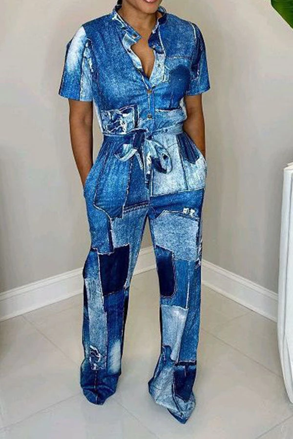 Denim Print Casual Belted Jumpsuit 1 Denim Print Casual Belted Jumpsuit