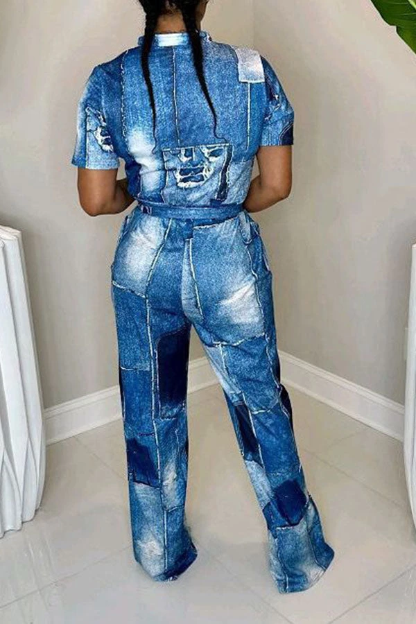 Denim Print Casual Belted Jumpsuit 2 Denim Print Casual Belted Jumpsuit - Image 2