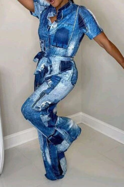 Denim Print Casual Belted Jumpsuit 5 Denim Print Casual Belted Jumpsuit -Clothing Outlet Store H23061563 BL 3