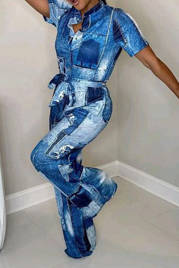 Denim Print Casual Belted Jumpsuit 3 Denim Print Casual Belted Jumpsuit - Image 3