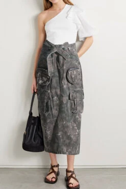 Splash Ink Print Punk Multi Pocket Denim Skirt
