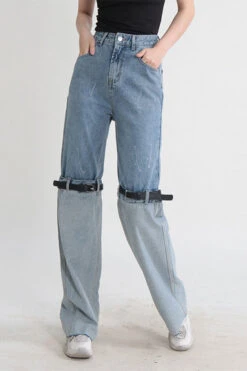 Patchwork Belted Design Modern Jeans -Clothing Outlet Store H23061587 BL 4