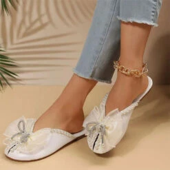 Bowknot & Beaded Decor Sweet Slippers -Clothing Outlet Store H23061602 WH 2