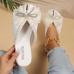 Bowknot & Beaded Decor Sweet Slippers -Clothing Outlet Store H23061602 WH 3