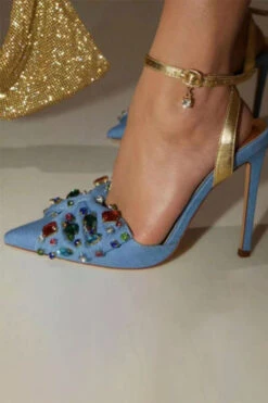 Colorful Crystal Bow Decor Rocking Pointed Toe Denim Sandals
