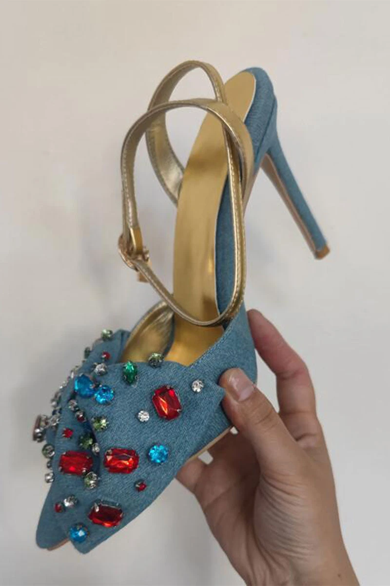 Colorful Crystal Bow Decor Rocking Pointed Toe Denim Sandals 2 Colorful Crystal Bow Decor Rocking Pointed Toe Denim Sandals - Image 2