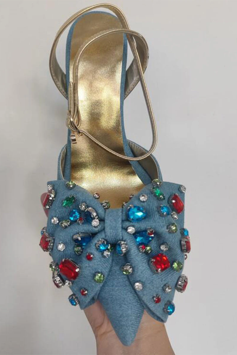 Colorful Crystal Bow Decor Rocking Pointed Toe Denim Sandals 3 Colorful Crystal Bow Decor Rocking Pointed Toe Denim Sandals - Image 3