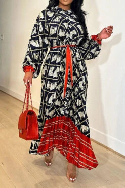 Horse Print Hit Color Laid Back Belted Midi Dress