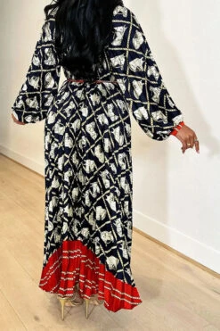 Horse Print Hit Color Laid Back Belted Midi Dress 7 Horse Print Hit Color Laid Back Belted Midi Dress -Clothing Outlet Store H23062519 BK 3