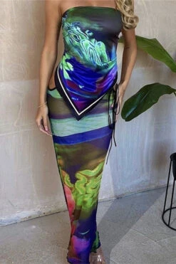 Abstract Print Kitsch Lace-Up See-Through Skirt Suit -Clothing Outlet Store H23062555 RT 3