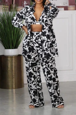 Floral Print Classic Pant Suit (Three Pieces) 7 Floral Print Classic Pant Suit (Three Pieces) -Clothing Outlet Store H23062576 BK 1