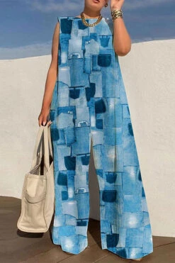 Denim Print Laid Back Wide Leg Jumpsuit