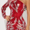 Leaf Pattern Sequined Sparkly One Shoulder Mini Dress