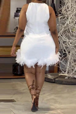Solid Color Simple Feather Hem Mini Dress -Clothing Outlet Store H23062609 WH 3