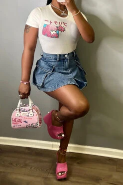 Blue Party Patch Pocket Denim Skirt