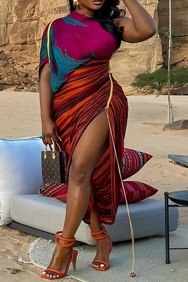 Abstract Print Romantic Drawstring Irregular Pleated Midi Dress 1 Abstract Print Romantic Drawstring Irregular Pleated Midi Dress