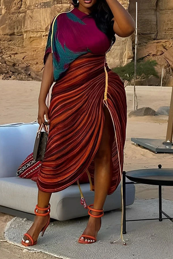 Abstract Print Romantic Drawstring Irregular Pleated Midi Dress 2 Abstract Print Romantic Drawstring Irregular Pleated Midi Dress - Image 2