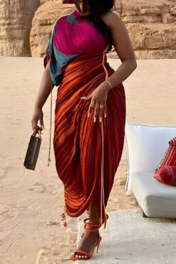 Abstract Print Romantic Drawstring Irregular Pleated Midi Dress 5 Abstract Print Romantic Drawstring Irregular Pleated Midi Dress -Clothing Outlet Store H23062683 RT 3