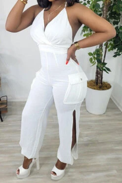 Solid Color Halter Collar Urban Side Cutout Jumpsuit