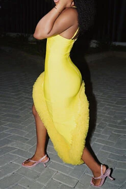 Solid Color Striking Irregular Feather Hem Midi Dress -Clothing Outlet Store H23062686 YE 3