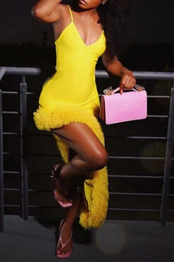 Solid Color Striking Irregular Feather Hem Midi Dress -Clothing Outlet Store H23062686 YE 4