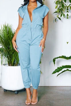 Solid Color Commuting Multi Pocket Jumpsuit -Clothing Outlet Store H23062696 BL 1