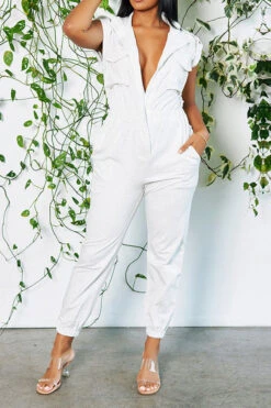 Solid Color Commuting Multi Pocket Jumpsuit -Clothing Outlet Store H23062696 WH 1