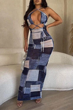 Denim Print Hot Strappy See-Through Maxi Dress 5 Denim Print Hot Strappy See-Through Maxi Dress -Clothing Outlet Store H23070402 BL 3