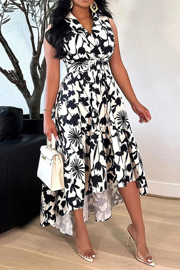 Floral Print Feminine Belted High Low Midi Dress 1 Floral Print Feminine Belted High Low Midi Dress