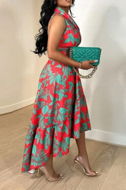 Floral Print Feminine Belted High Low Midi Dress 7 Floral Print Feminine Belted High Low Midi Dress -Clothing Outlet Store H23070424 RE 2