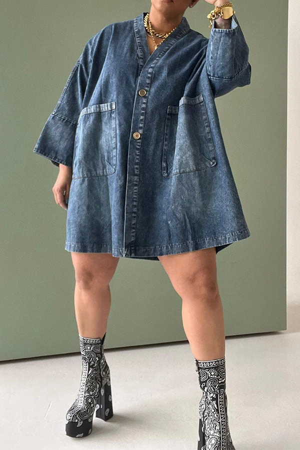Gradient Retro Big Pocket Denim Mini Dress 1 Gradient Retro Big Pocket Denim Mini Dress