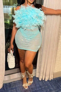 Feather & Rhinestone Design Romantic See-Through Mini Dress -Clothing Outlet Store H23070457 BL 1