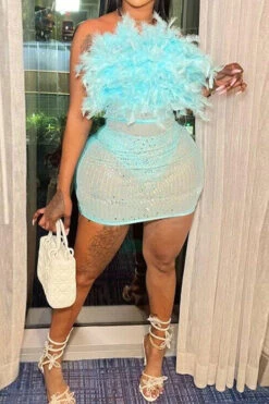 Feather & Rhinestone Design Romantic See-Through Mini Dress -Clothing Outlet Store H23070457 BL 2