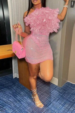 Feather & Rhinestone Design Romantic See-Through Mini Dress -Clothing Outlet Store H23070457 PI 1