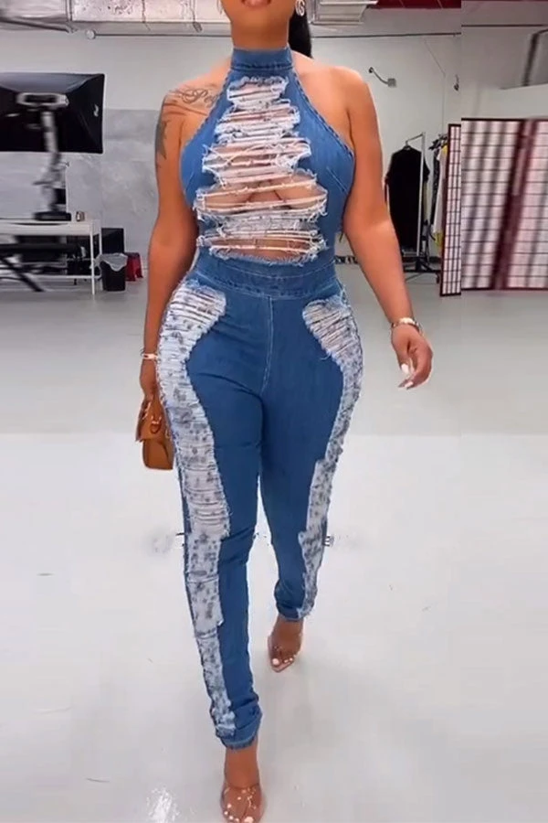 Halter Collar Ripped Stylish Denim Jumpsuit 2 Halter Collar Ripped Stylish Denim Jumpsuit - Image 2