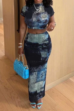 Denim Print Hot Bodycon Skirt Suit